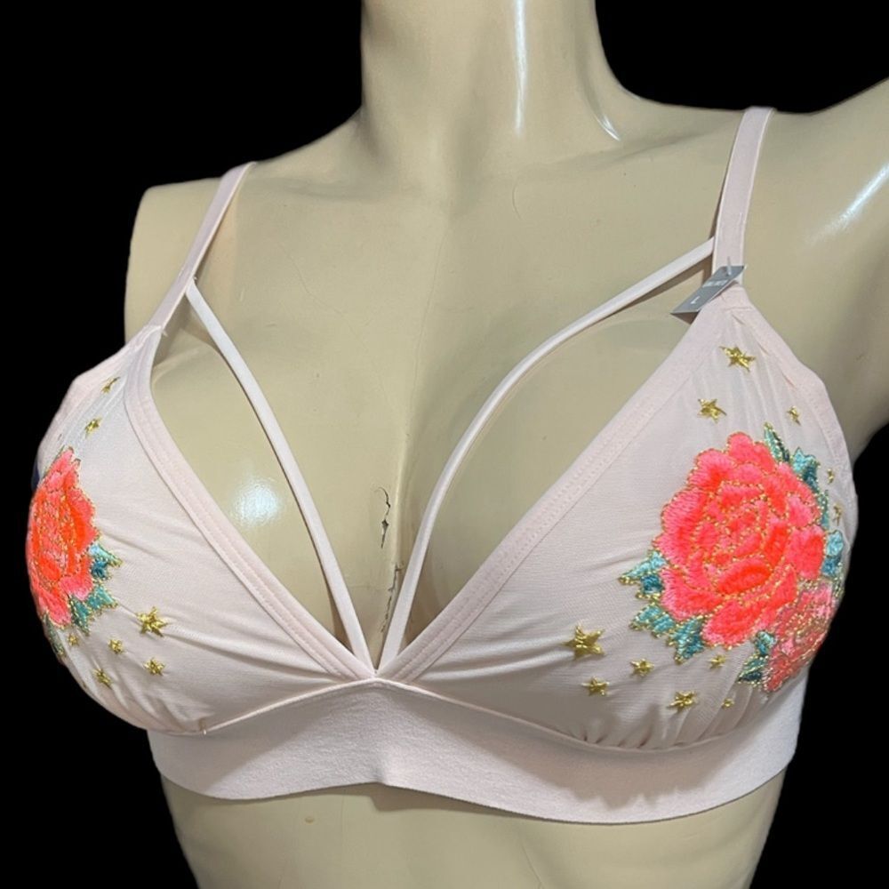 Victorias Secret Pink Mesh Embroidered flowersTriangle bralette bra peach Large